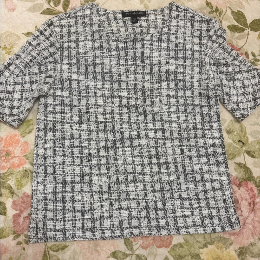 Banana Republic Plaid Textured Tweed Knit Puff Sleeve Short Sleeve Top Blouse